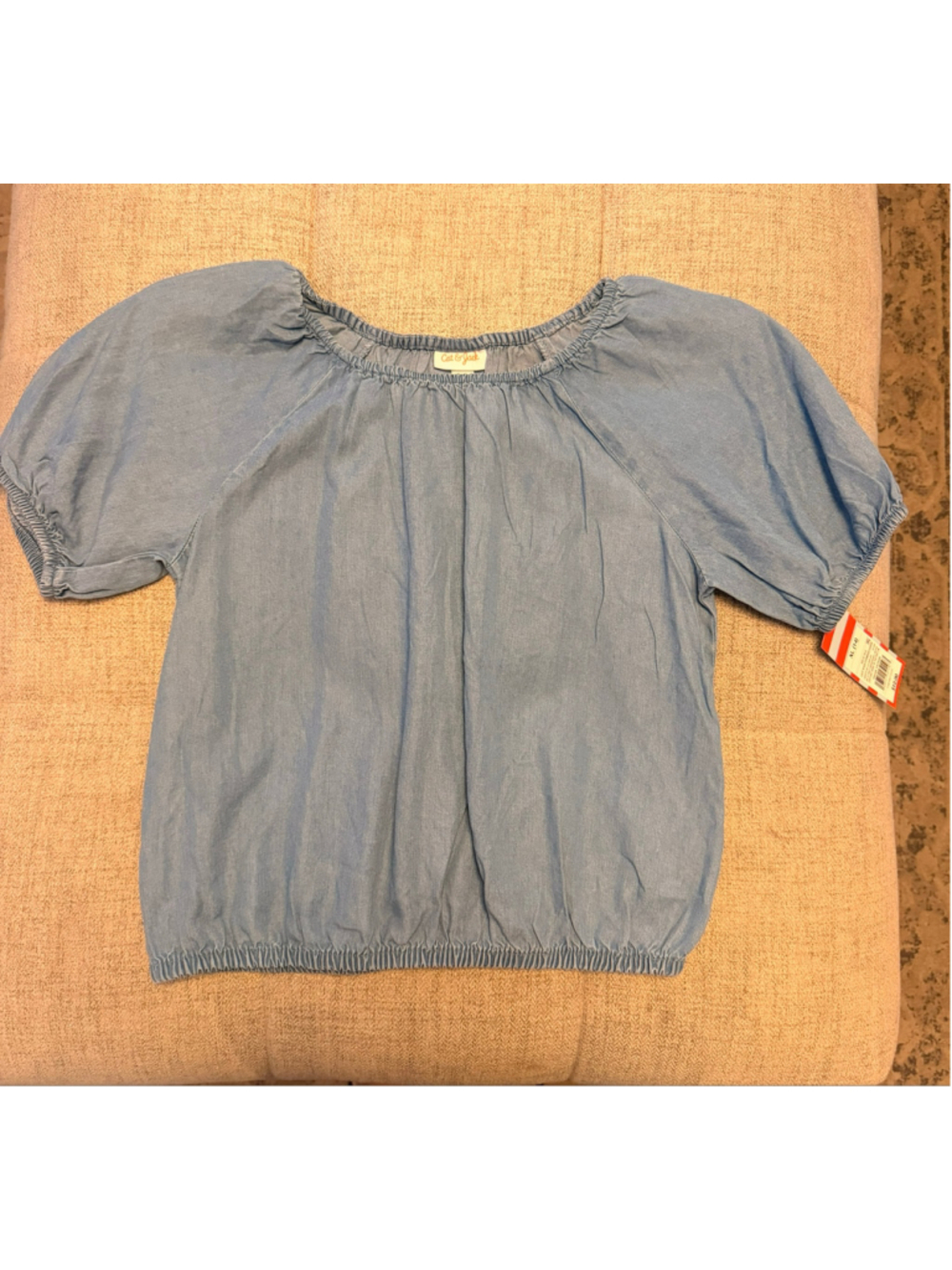 Cat & Jack Girls XL 14 Light Wash Chambray Puff Sleeve Top NWT